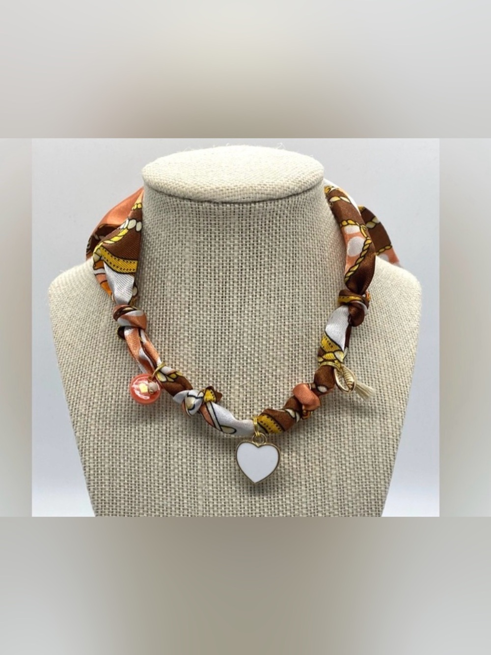 Brown Orange Mod Satin Scarf Necklace Gold Charms Boho Preppy Summer Festival
